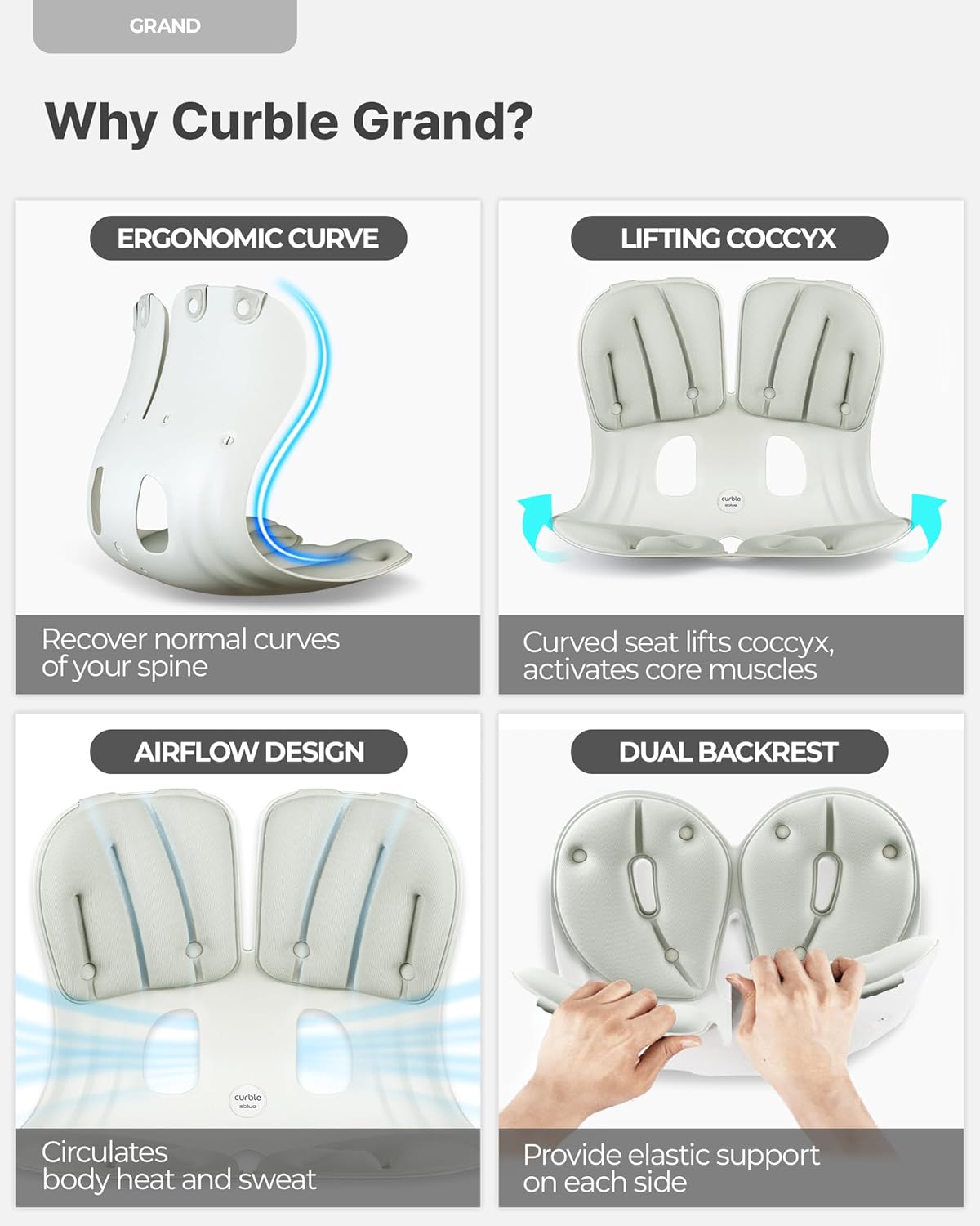 curble Grand– Extra Wide Ergonomic Seat Support, Sit Straighter Without Effort, Passive Posture Trainer for Office, Home & Car (Grey)