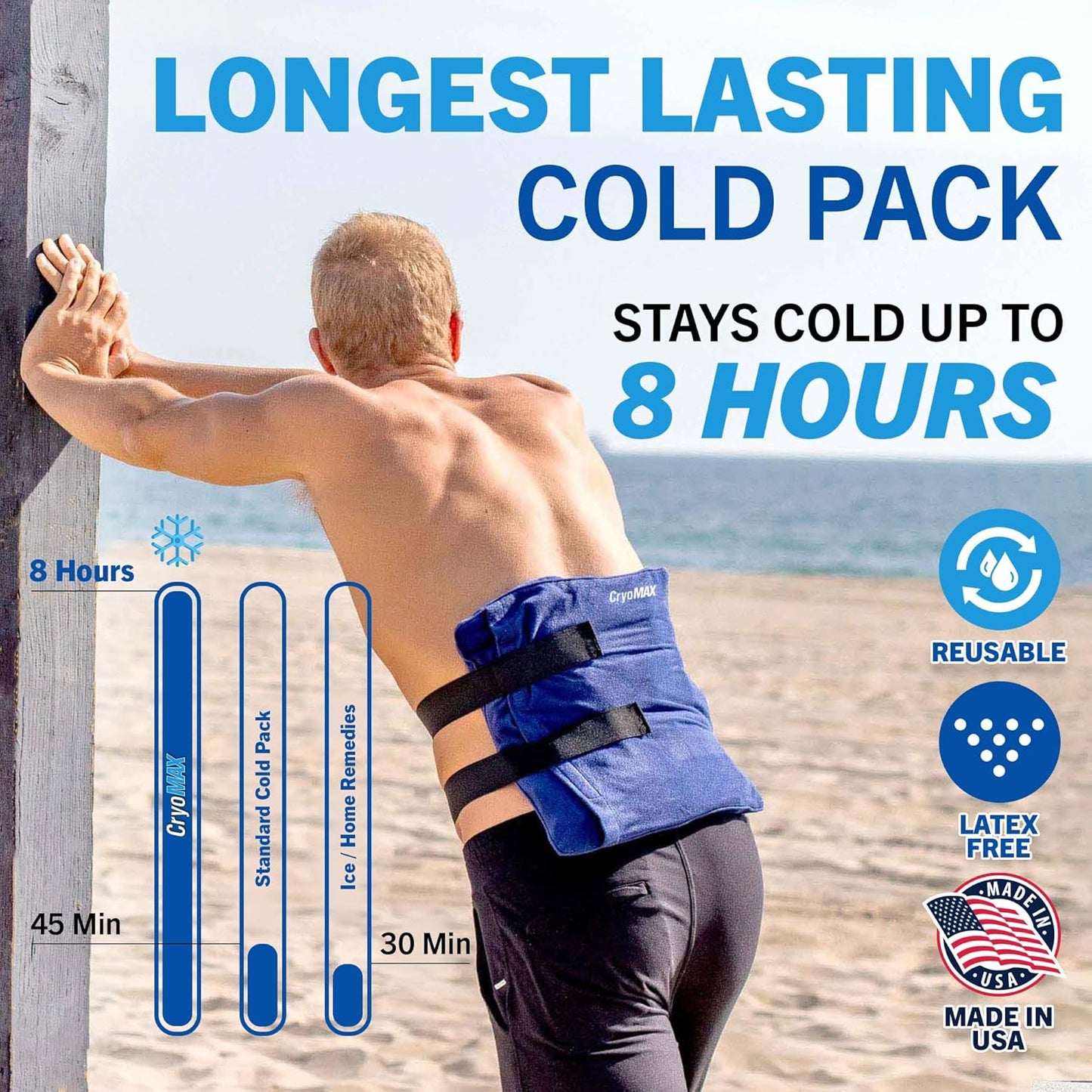 Cryo-Max Cold Pack, 8 Hour Reusable Cold Therapy Ice Pack for Elbows, Knees, Neck + More, Medium, 6" x 12" (1 Count)