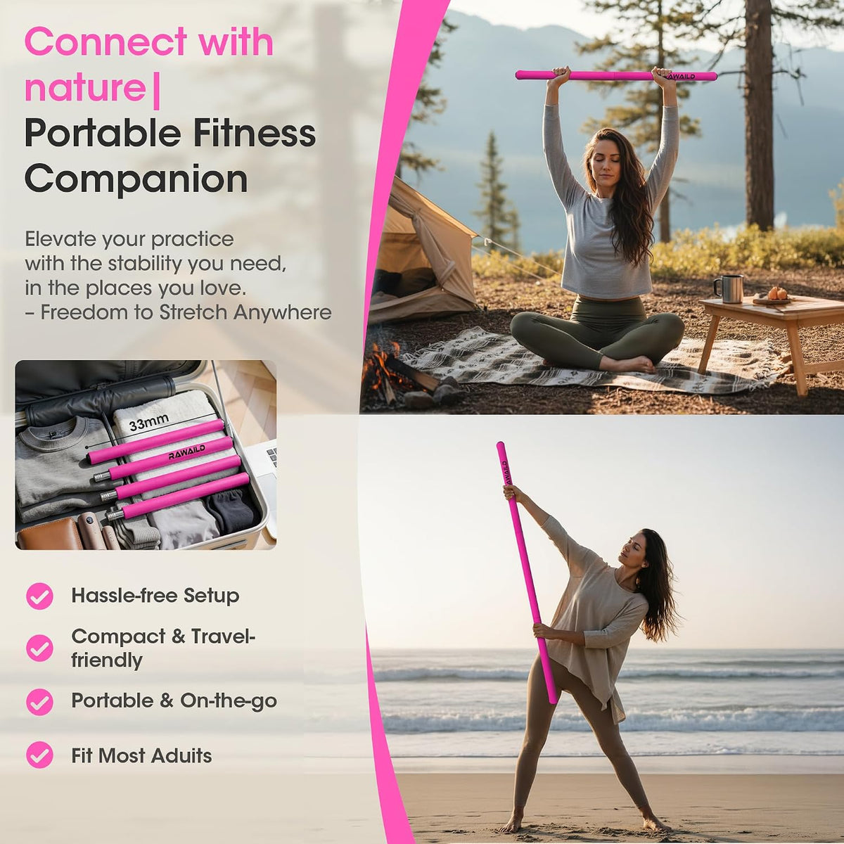Yoga Stick, Upgraded 5ft Sturdy Steel Mobility Stick, Adjustable Exercise Equipment for Stretching, Flexibility & Balance, Physical Therapy & Posture Correction, Shoulder & Back Relaxation