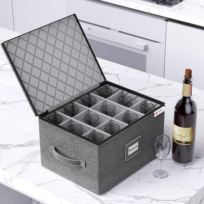 YearningHome Cup and Mug Storage Box with Hard Shell and Dividers for Coffee Mugs,Tea Cups and Glasses,Stackable Storage Organizers with Lid,Handles,Zips and Label for Moving,Holds 12,2 Pack, Grey