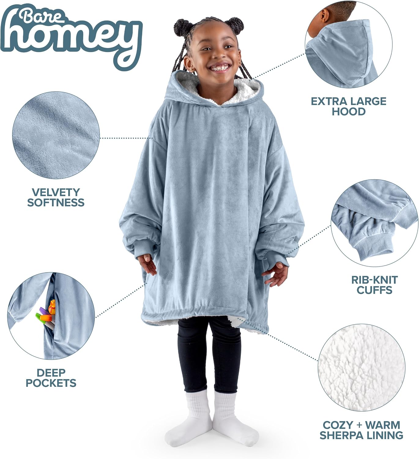 Bare Home Wearable Blanket Hoodie - Soft Plush Sherpa - Warm and Cozy - Oversized Wearable Blanket