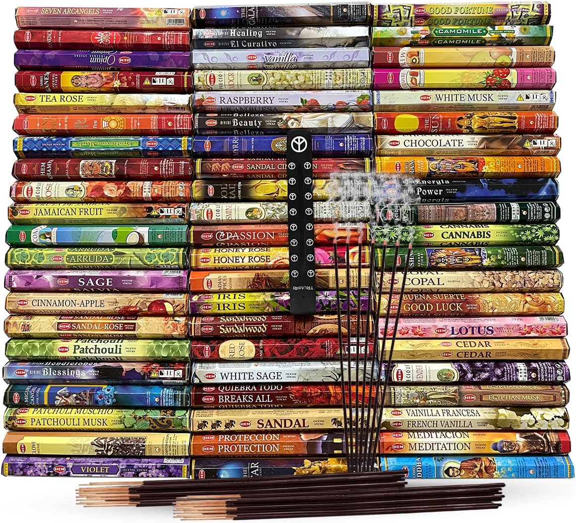 Hem Incense Sticks Variety Pack #23-120 Insence-Sticks (6 Incents x 20 Insense) + Incense Stick Holder with 6 Most Liked Scents Including Patchouli Dragons Blood White Sage Frankincense-Myrrh