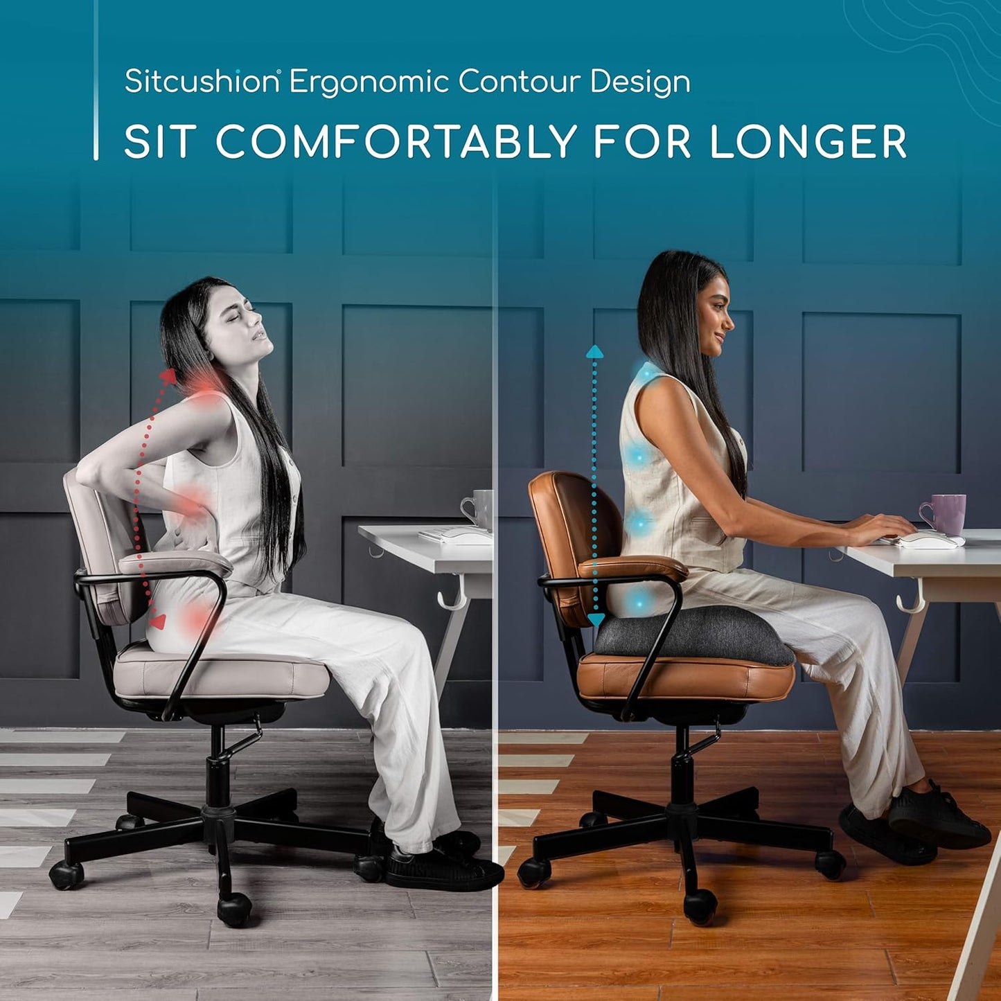 SitCushion Ergonomic Seat Cushion for Sciatica & Tailbone Pain Relief – Extra Large Memory Foam Office Chair Cushion for Long Sitting, Orthopedic Coccyx Cushion for Desk Chair, Car & Wheelchair(Black)