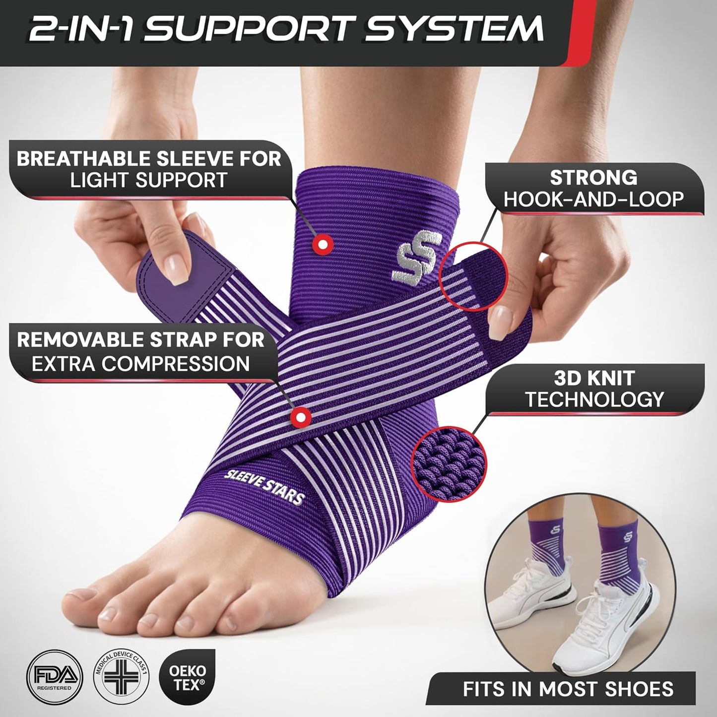 Sleeve Stars Ankle Brace for Women & Men, Ankle Wrap for Sprain, Compression Sleeve for Plantar Fasciitis Relief, Easy Customizable Support: w/ Removable Strap (Single/M:10"-12"/Black)