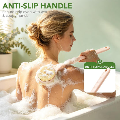Back Scrubber for Shower, 15.7" Loofah with Handle, Back Shower Brush with Bristles and Loofah, Dry Brushing Body Brush for Cleanse Back and Hard to Reach Areas with Curved Long Handle