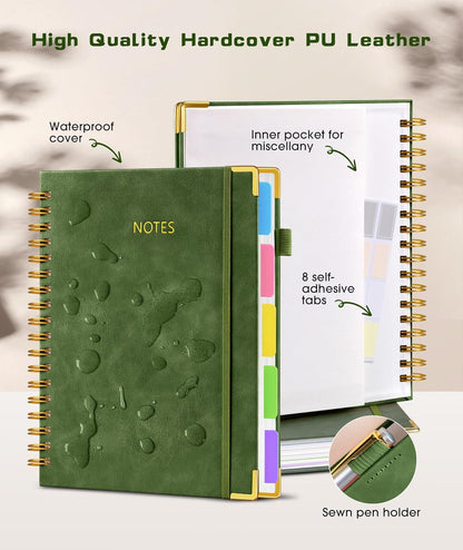 Hardcover Spiral Notebook journal with Removable Dividers Tabs, 300 Pages Leather 5 Subject Notebook College Ruled, 8"x10" Large B5 Notebooks for Work School Note taking, Lined Journal for Women,Black