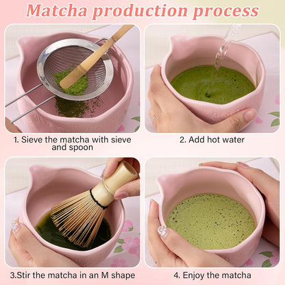 ALBISS Matcha Whisk Set - 7 Pcs Ceramic Matcha Kit with 18oz Spout Bowl & Cherry Blossom Design, Bamboo Whisk & Holder, Scoop, Rest, Sifter, Towel, Elegant Japanese Tea Gift Set for Macha Lover, Green