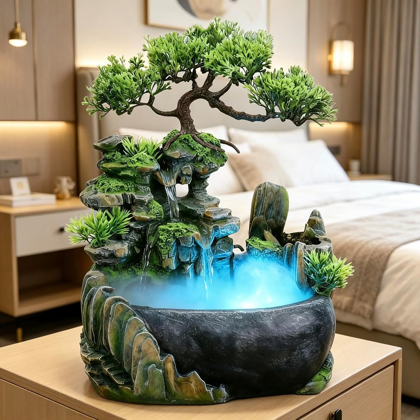 Mini Artificial Bonsai Tree Waterfall Fog Feature Rock Tabletop Fountain | 11in Desktop Decor Waterfall Fountain W/ Water Pump& Atomizer&LED Lights &Fake Tree Office Bedroom Relax