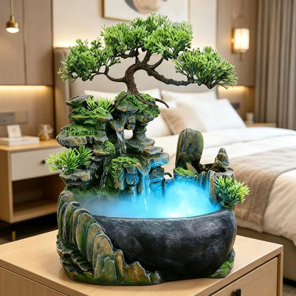 Mini Artificial Bonsai Tree Waterfall Fog Feature Rock Tabletop Fountain | 11in Desktop Decor Waterfall Fountain W/ Water Pump& Atomizer&LED Lights &Fake Tree Office Bedroom Relax
