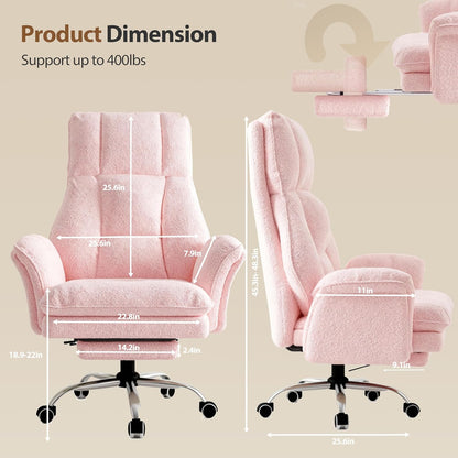 Big and Tall Office Chair, Flip Armrests for Pets & Cross Legged Sitting, Executive Ergonomic Computer Gaming Chair with Foot Rest, Teddy Fleece Wide Seat Reclining Desk Chair, White Vanity Chair