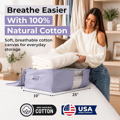 Soft Canvas Storage Bags with Zipper. Thick Breathable, 2pc King/Queen Comforter Organizer. Four Carrying Handles and Window. Large 25x19x9in Bag for Sheets Blankets Bedding Pillows, Clothes