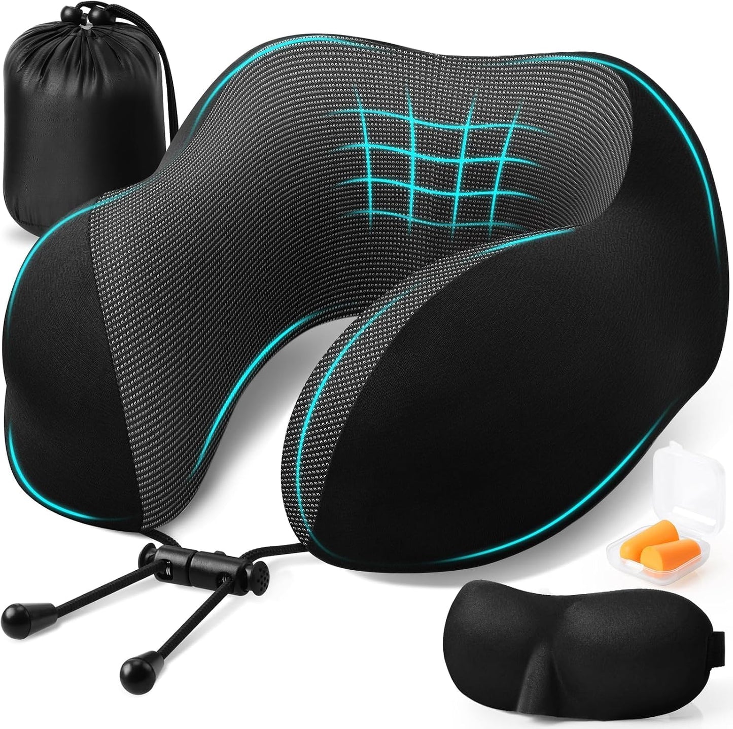 ExploreBliss Travel Pillow, Travel Pillows for Sleeping Airplane, Neck Pillow Airplane, Memory Foam Neck Pillow Set with Eye Mask, Earplugs and Storage Bag -Grey