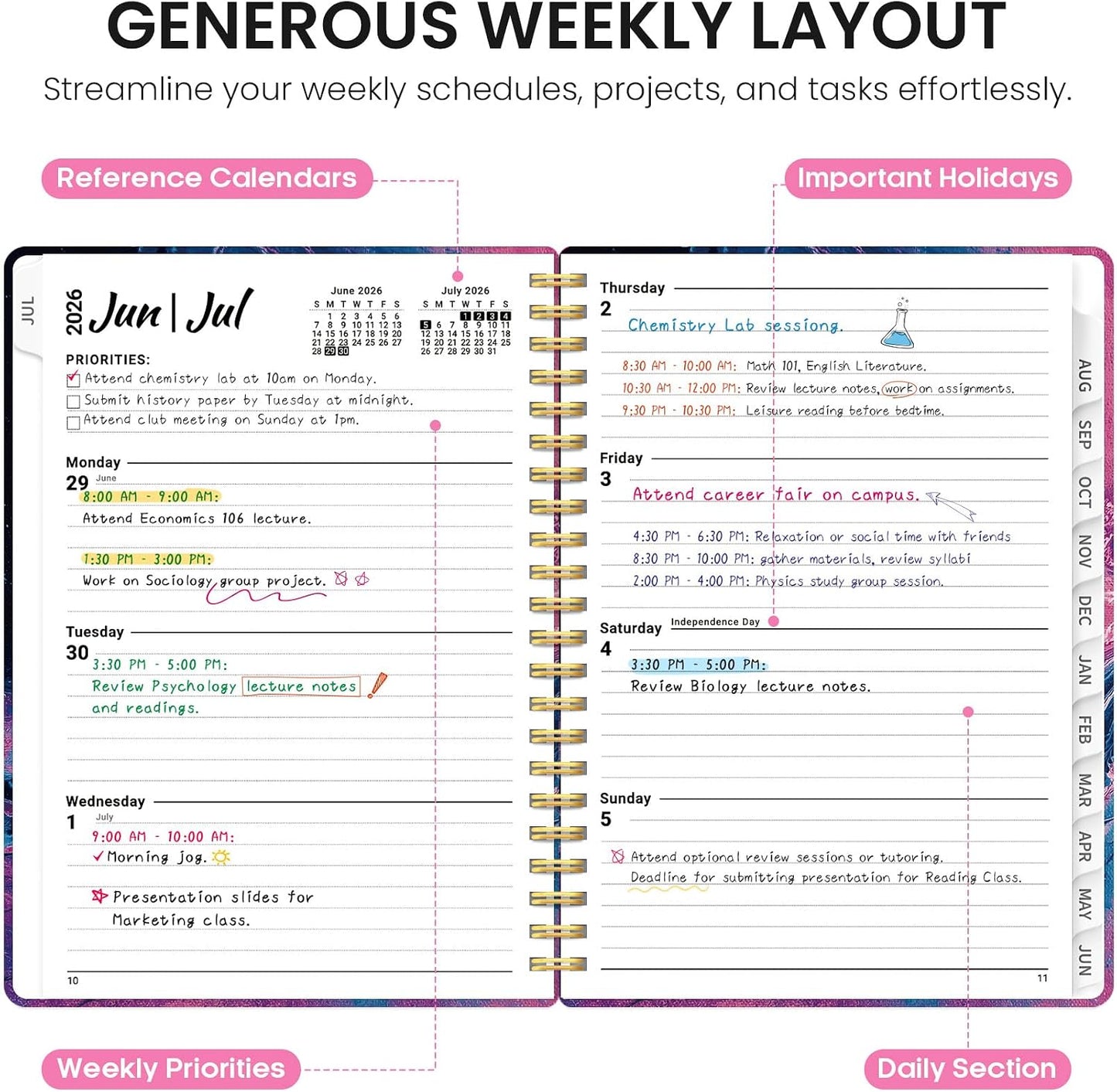 Planner 2026-2027, Jul 2026-Jun 2027 Academic Monthly & Weekly Planner - Colors B