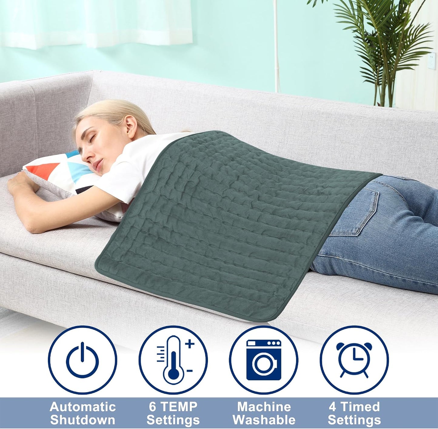 Electric Heating pad with 6 Heat Settings, Auto Shut Off, Dry Electric Heating for Back Neck Knee Arms Legs Shoulder Heat Pads for Christmas Birthday Father Mother's Day (24"X12", Gray Green)