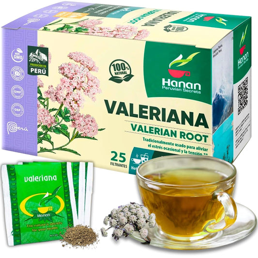Hanan Valerian Root Tea (Valeriana) - 25 Herbal Tea Bags from Peru – Nature’s Calming Supplement for Relaxation Before Bed – 1000mg Valeerian Valerain per Filtered Teabag
