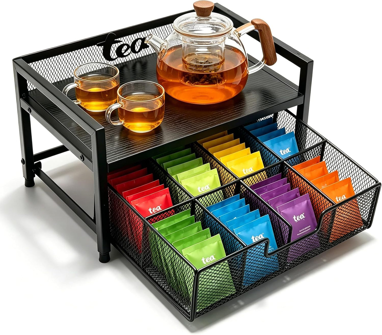 2 Tier Tea Bag Organizer and Storage - 8 Drawer Sliding Tea Box Organizer, Tea Bar Accessories Organizer for Countertop, Bar Station, Kitchen (Rustic Brown)