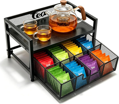 2 Tier Tea Bag Organizer and Storage - 8 Drawer Sliding Tea Box Organizer, Tea Bar Accessories Organizer for Countertop, Bar Station, Kitchen (Rustic Brown)