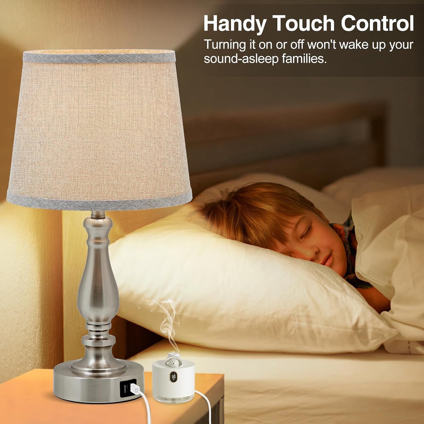 EJIAXIN Lamps for Bedrooms Set of 2, Brushed Nickel Bedside Lamps with USB C+A Ports,Dimmable Nightstand Lamps with Fabric Lampshade, Touch Table Lamp for Living Room Bedroom Office, Bulbs Included
