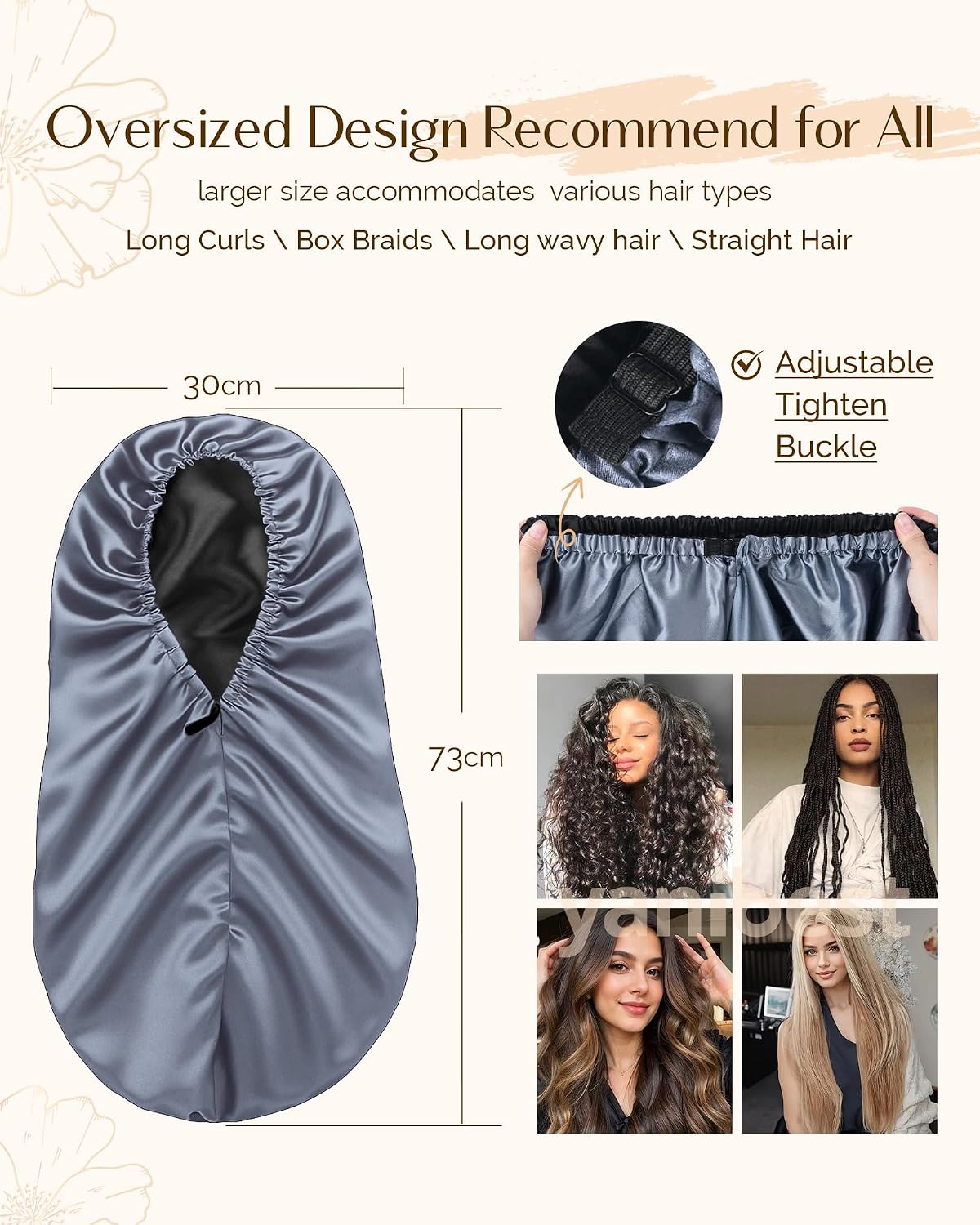 YANIBEST Satin Sleep Bonnet for Natural Hair - Extra Double Layer Long Adjustable Silk Hair Bonnet for Braids, Locs, Curls - Women’s Night Hair Protection Cap
