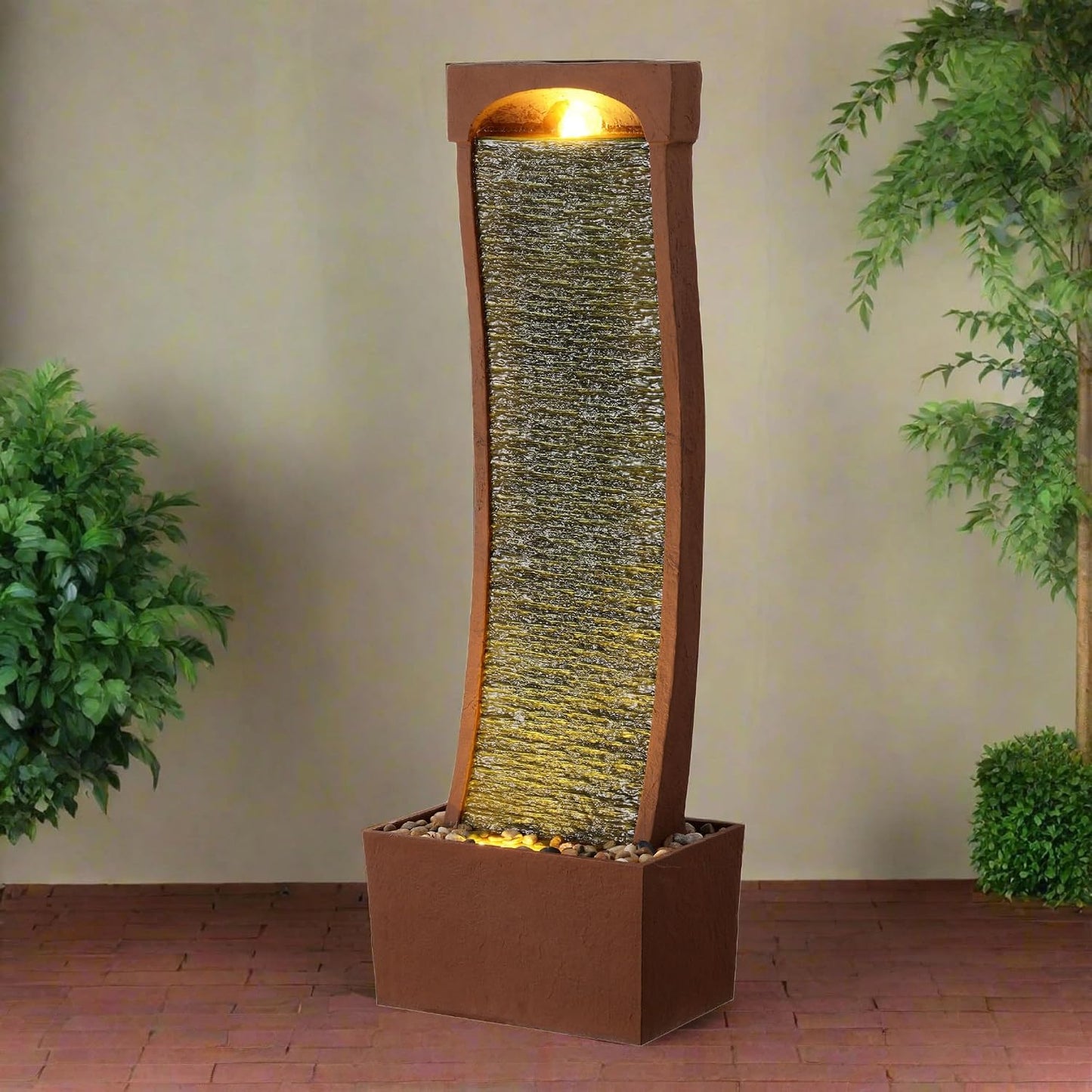 Teamson Home 38.58 in. Modern Curved Faux Slate Waterfall Fountain for Indoors or Outdoors with LED Light Accents and 1.98-Gallon Pump, Black and Stone Gray | Freestanding Floor Garden Waterfall, LED Lights, Weatherproof Polyresin, For Patio & Yard