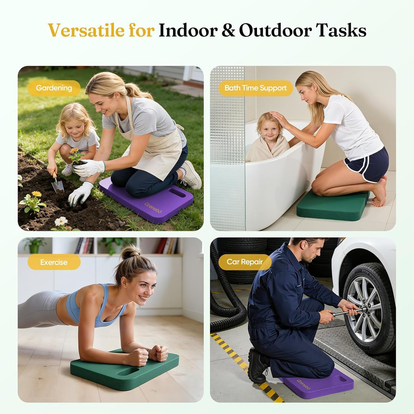 Grenebo 2-Pack 1.6" Extra Thick NBR Foam Garden Kneeling Pads, Ultra Soft Cushion Kneeling Pads for Gardening, Gardening Kneeling Pad for Baby Bathing, Work, Exercise, 17.3×11×1.6 in, Black