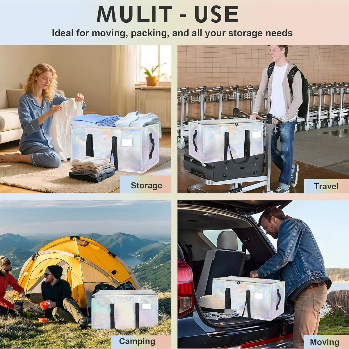 Moving Bags Extra Large - Heavy Duty Storage Totes with Wrap-Around Handles & Reinforced Zippers - Foldable Moving Box Alternative, Water-Resistant for Dorm, Closet & Under Bed Storage (Clear)