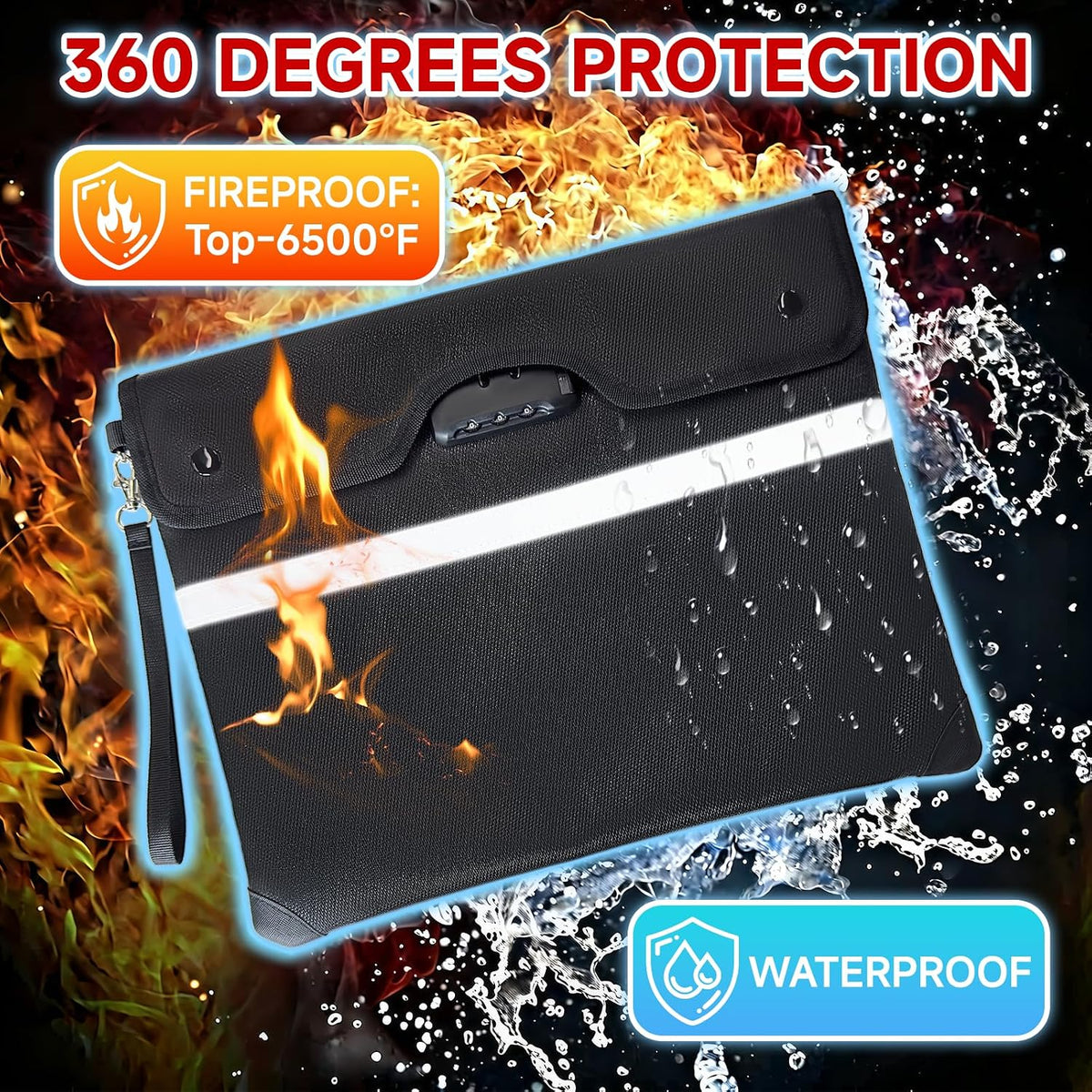 Fireproof Document Bag with Lock, 15x12 in Waterproof for Cash Passport