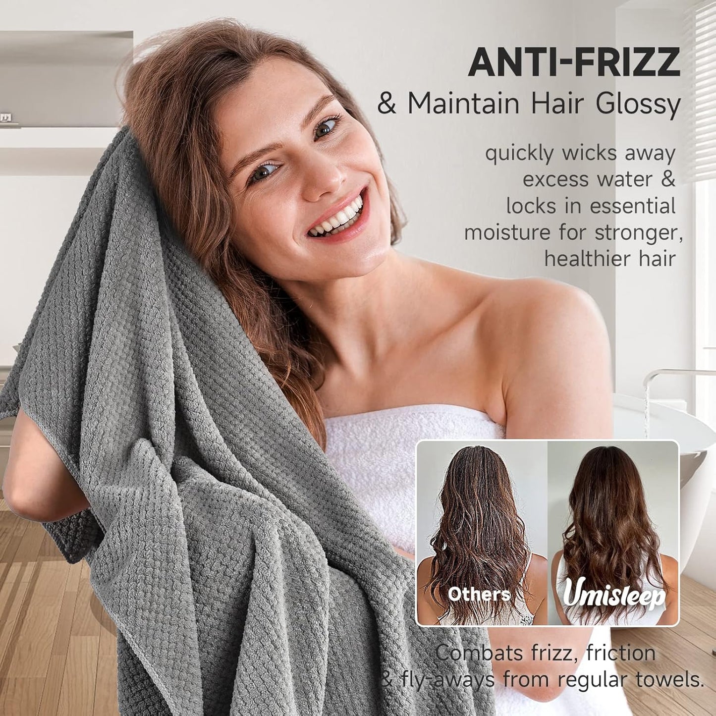 Umisleep Extra Large Microfiber Hair Towel for Women Long, Curly, Thick Hair, Super Soft Anti Frizz Quick Dry Hair Towel Wrap, Ultra Absorbent Hair Turban with Elastic Band White
