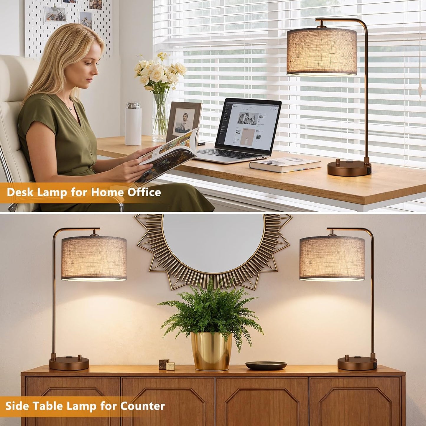 Innqoo Bedside Table Lamps for Bedroom Set of 2-Dimmable Nightstand Lamps with USB Port and Outlet,Modern Gold Lamps with Linen Shade,Tall Desk Lamps for Home Office Bedroom Living Room End Table