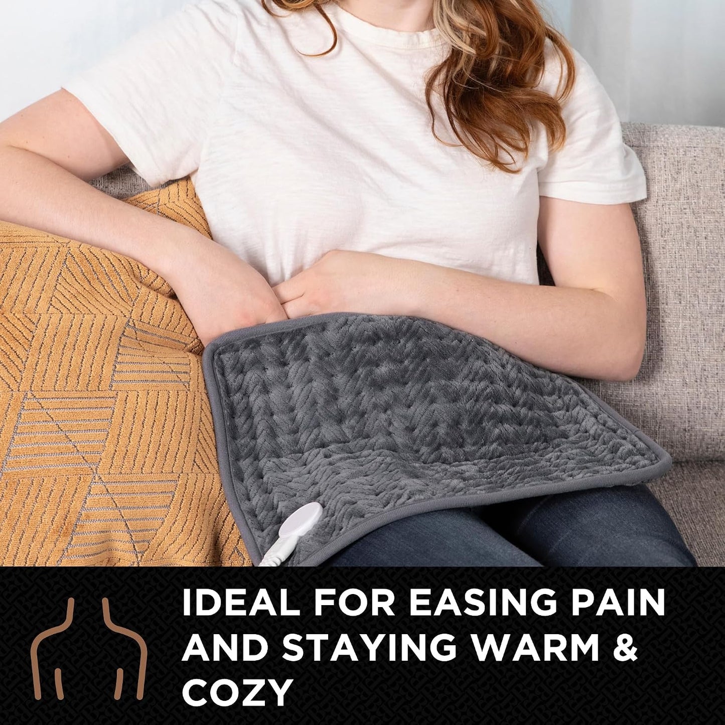 Brookstone Herringbone Portable Heating Pad - Super Soft Plush, 6 Heat Settings, Machine Washable, Easy-to-Use Controller, 16'' x 12'' for Pain Relief, Period Cramps, Warmth (Gray)