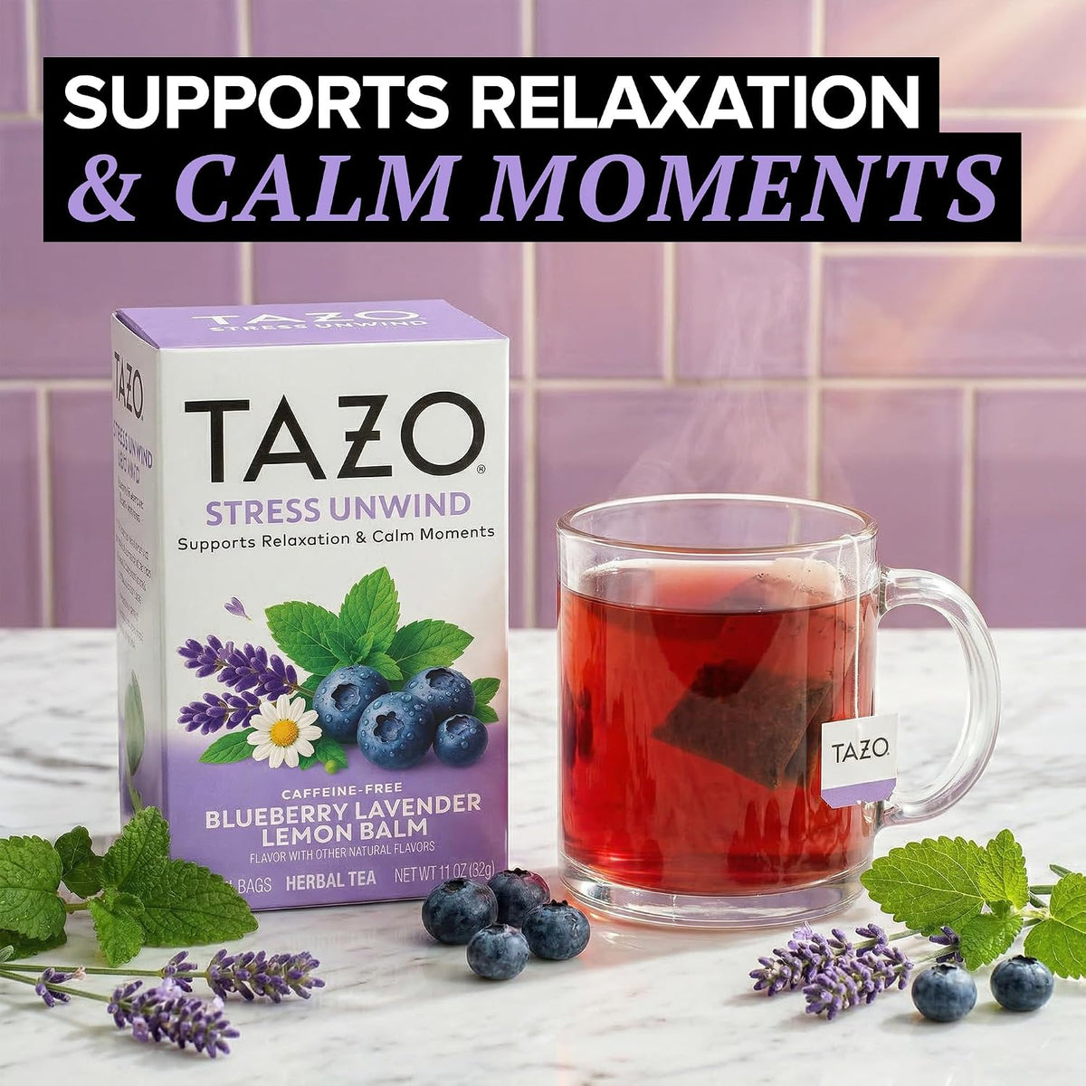 Tazo Stress Unwind Herbal Tea Bags, Blueberry Lavender Chamomile, 16 ct