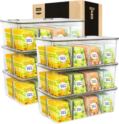 Utopia Home - Tea Bag Organizer With Lids, (1 Pack) Clear Pantry Storage Box - Stackable Partition Organizers or Holder With Lids For Drawers, Countertops, Fridge, Kitchen, Snack & Spice Organization