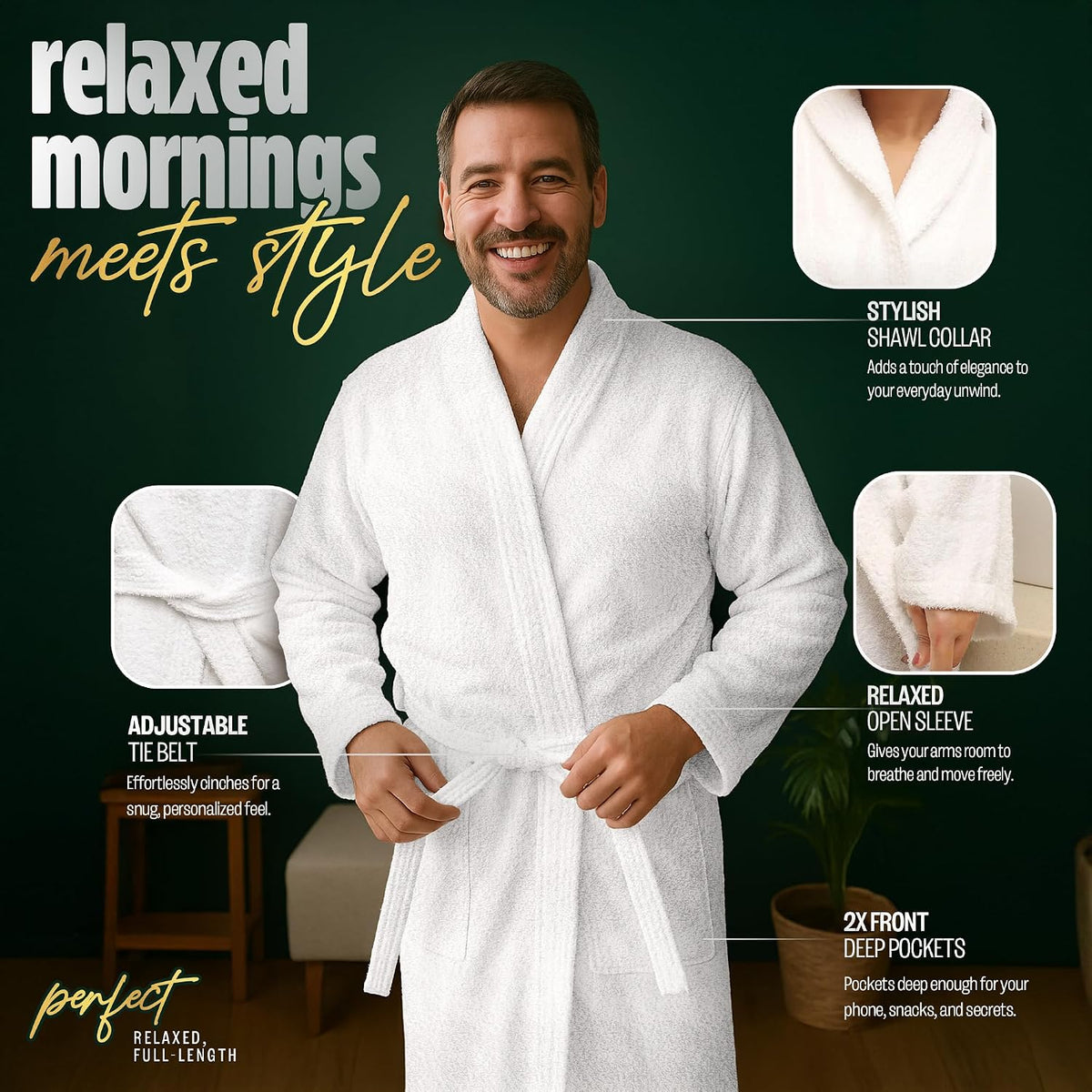 Pearl Linens Cotton Terry Shawl Collar Bathrobe - Soft, Lightweight & Absorbent Unisex Spa Robe for Women & Men - 1 Piece
