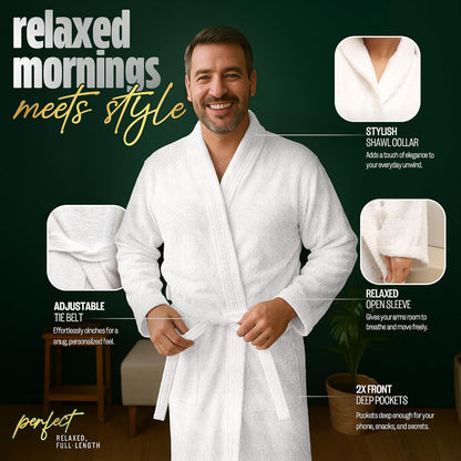 Pearl Linens Cotton Terry Shawl Collar Bathrobe - Soft, Lightweight & Absorbent Unisex Spa Robe for Women & Men - 1 Piece
