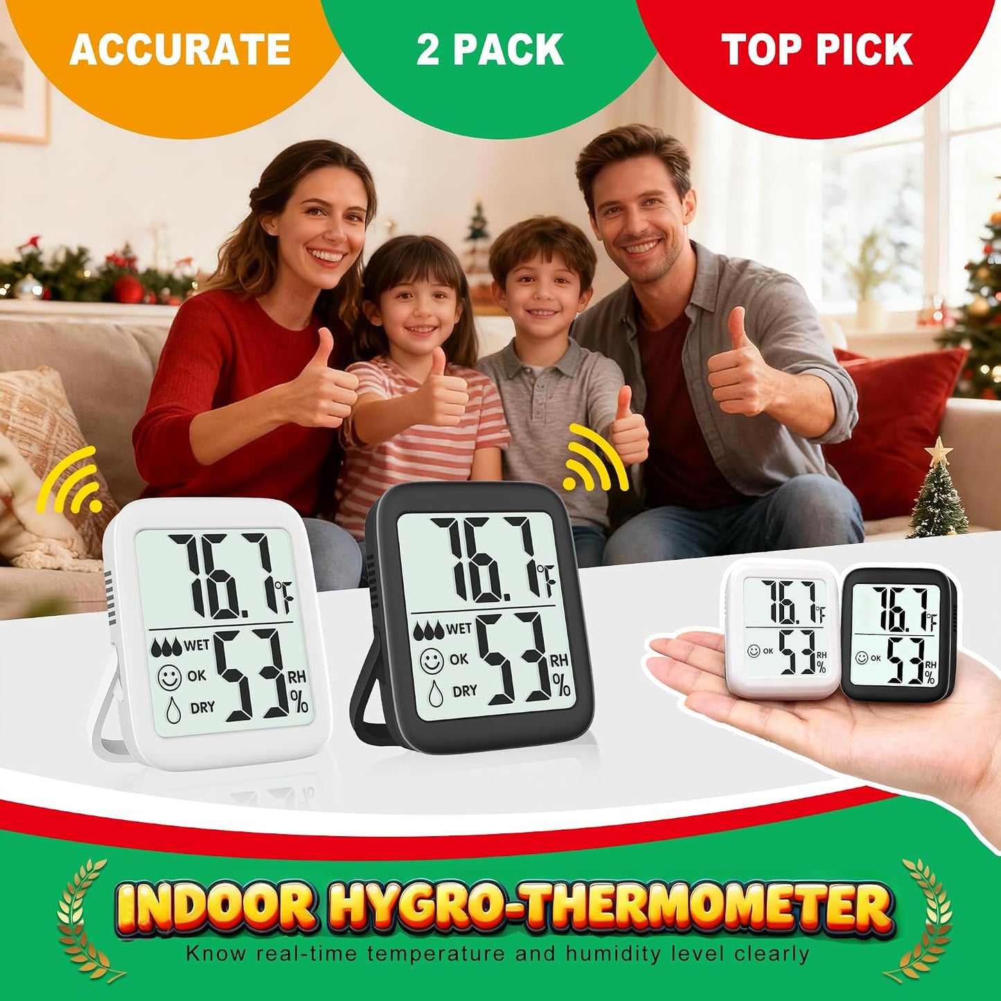 Antonki 2 Pack Room Thermometer for Home, Hygrometer Indoor Humidity Meter Gauge, Digital Temperature and Humidity Monitor Sensor for House, Terrarium, Incubator, Greenhouse - Battery Included