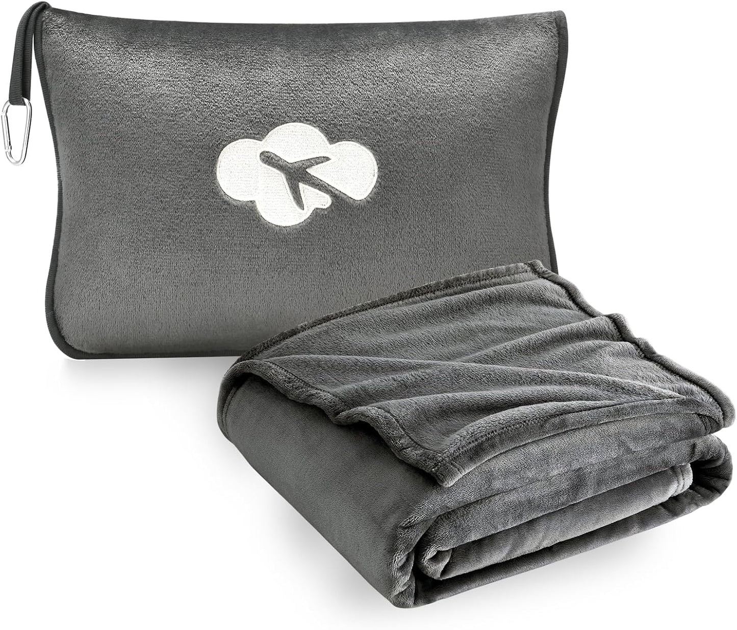 Travel Blanket and Pillow Compact, Premium Soft 2 in 1 Airplane Blanket with Soft Bag Pillowcase，Hand Luggage Sleeve and Backpack Clip (Checkered Black)