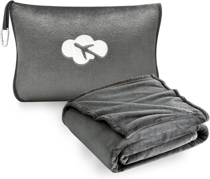 Travel Blanket and Pillow Compact, Premium Soft 2 in 1 Airplane Blanket with Soft Bag Pillowcase，Hand Luggage Sleeve and Backpack Clip (Checkered Black)