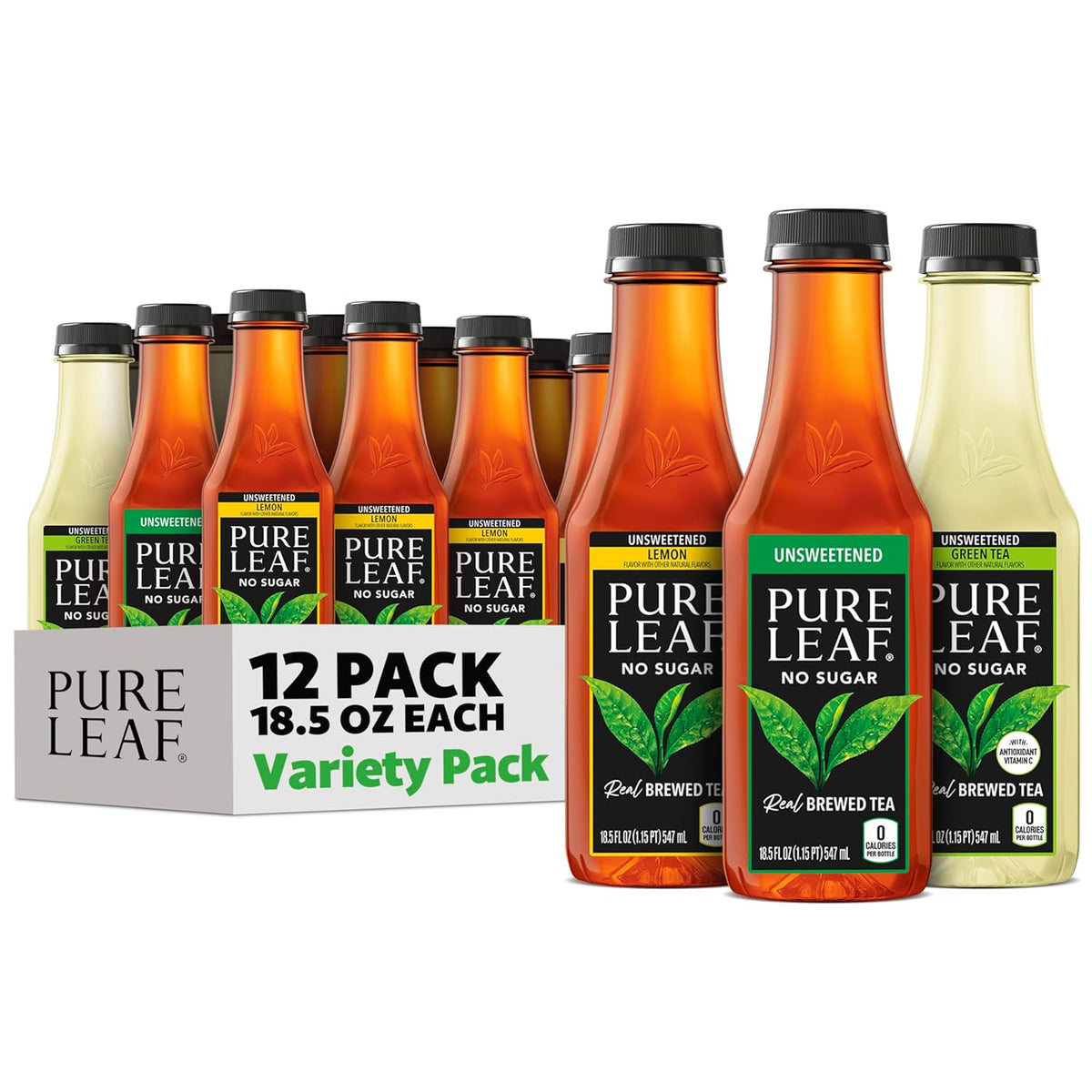 Pure Leaf Iced Tea, Unsweetened 3 Flavor Variety Pack, Zero Sugar & Zero Calories, 18.5 Fl Oz Bottles