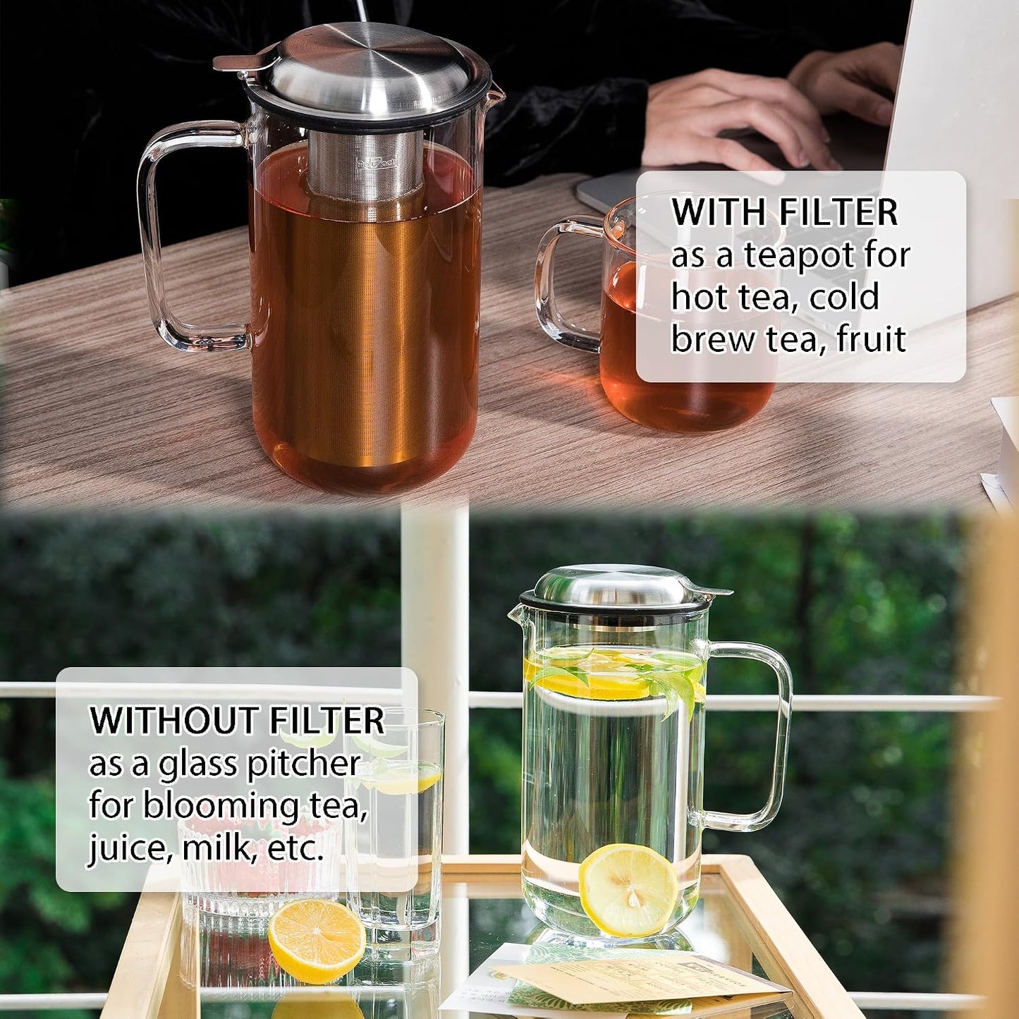 Aquach 51oz Glass Teapot with Infuser, Stovetop Safe Borosilicate Tea Pot | Dishwasher Safe, Plastic-free, Precise Loose Leaf Filter, Easy-clean Opening, Sharing Capacity