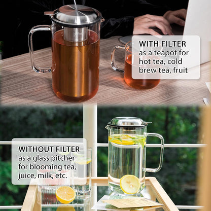 Aquach 51oz Glass Teapot with Infuser, Stovetop Safe Borosilicate Tea Pot | Dishwasher Safe, Plastic-free, Precise Loose Leaf Filter, Easy-clean Opening, Sharing Capacity
