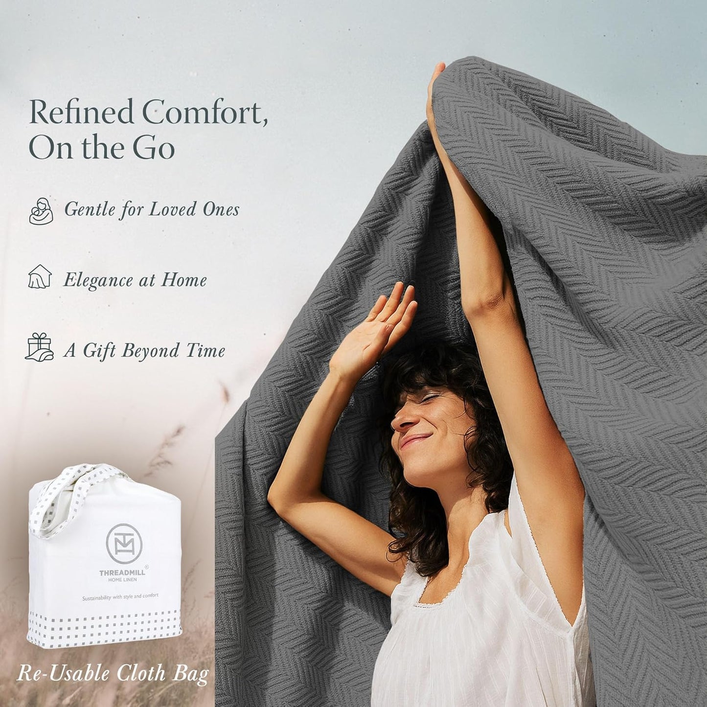 Threadmill Travel Blanket Cotton Viscose from Bamboo - Airplane Premium Soft Flight Grey Throw Blanket in Cloth Bag (Grey Color) Compact & Portable Blanket for Travel, Car, Picnic & Camping