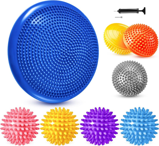 8 Pcs Balance Disc Set with Hand Pump, Wobble Cushion, 3 Balance Pods & 4 Spiky Massage Balls, for Sensory child, Balancing Training, Physical Recovery, Exercise, Adults, Dogs