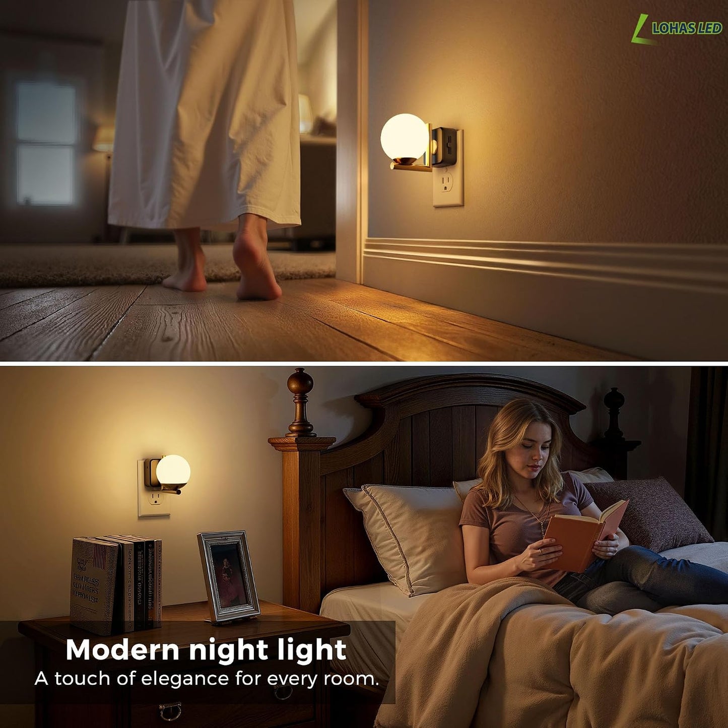 L LOHAS LED Night Lights Plug into wall, Amber Night Light with Adjustable Brightness, Plug in NightLight with Auto Light Sensor, Wall Sconce-Style Design Night Light for Bathroom,Hallway, 2 Pack