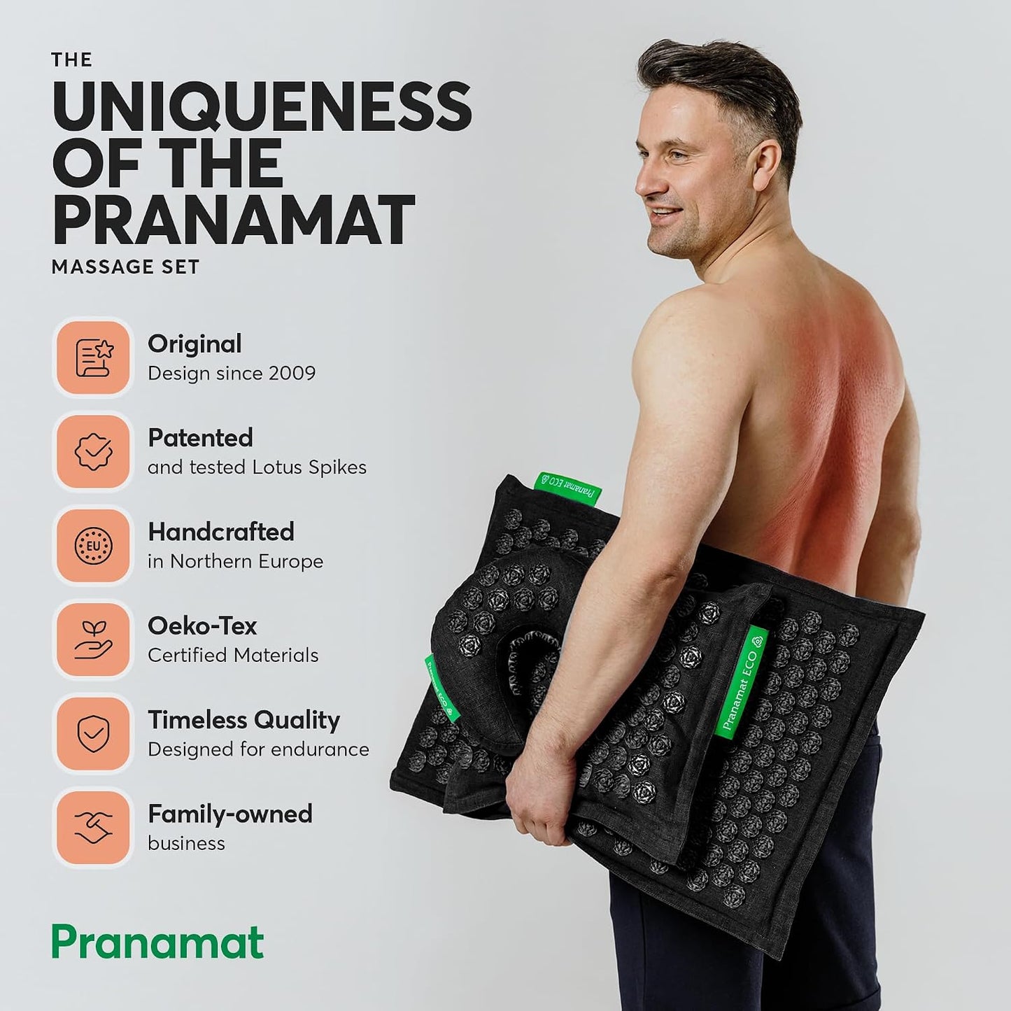 Pranamat Acupressure Large & Small Mat with Pillow and Bag Set, Premium Acupressure Therapy for Pain Relief and Relaxation, Handcrafted in Europe with Sustainable and Natural Materials (Obsidian)