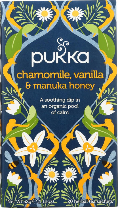 Pukka Calming Chamomile, Vanilla & Manuka Honey Organic Herbal Tea, Soothing Organic Tea Infusion Selection, Honey & Fennel Blend, Caffeine Free, 80 Total Bags (20ct - Pack of 4)