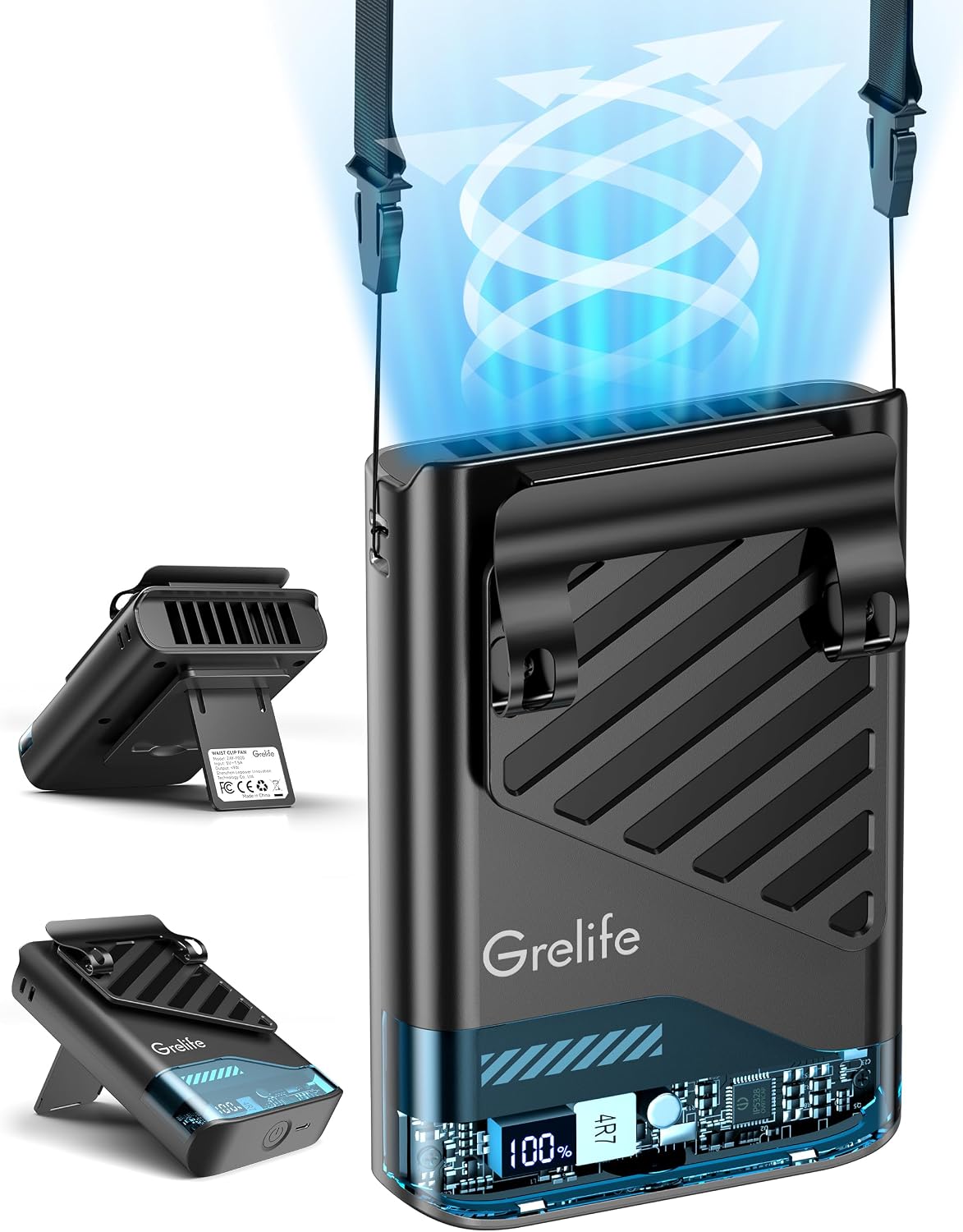 Grelife AI Portable Waist Fan Rechargeable,10000mAh LED Clip Fan,5 Speed 10000RPM 33ft/s Airflow,40H Runtime Hands-Free Neck Fan,Personal Wearable Cooling Fan for Outdoor,Camping,Jobsite,Travel(Black)