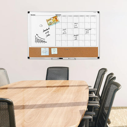 VUSIGN Monthly Calendar Whiteboard Dry Erase Cork Board Combo, 18" x 24" Planning Board, Silver Aluminium Frame