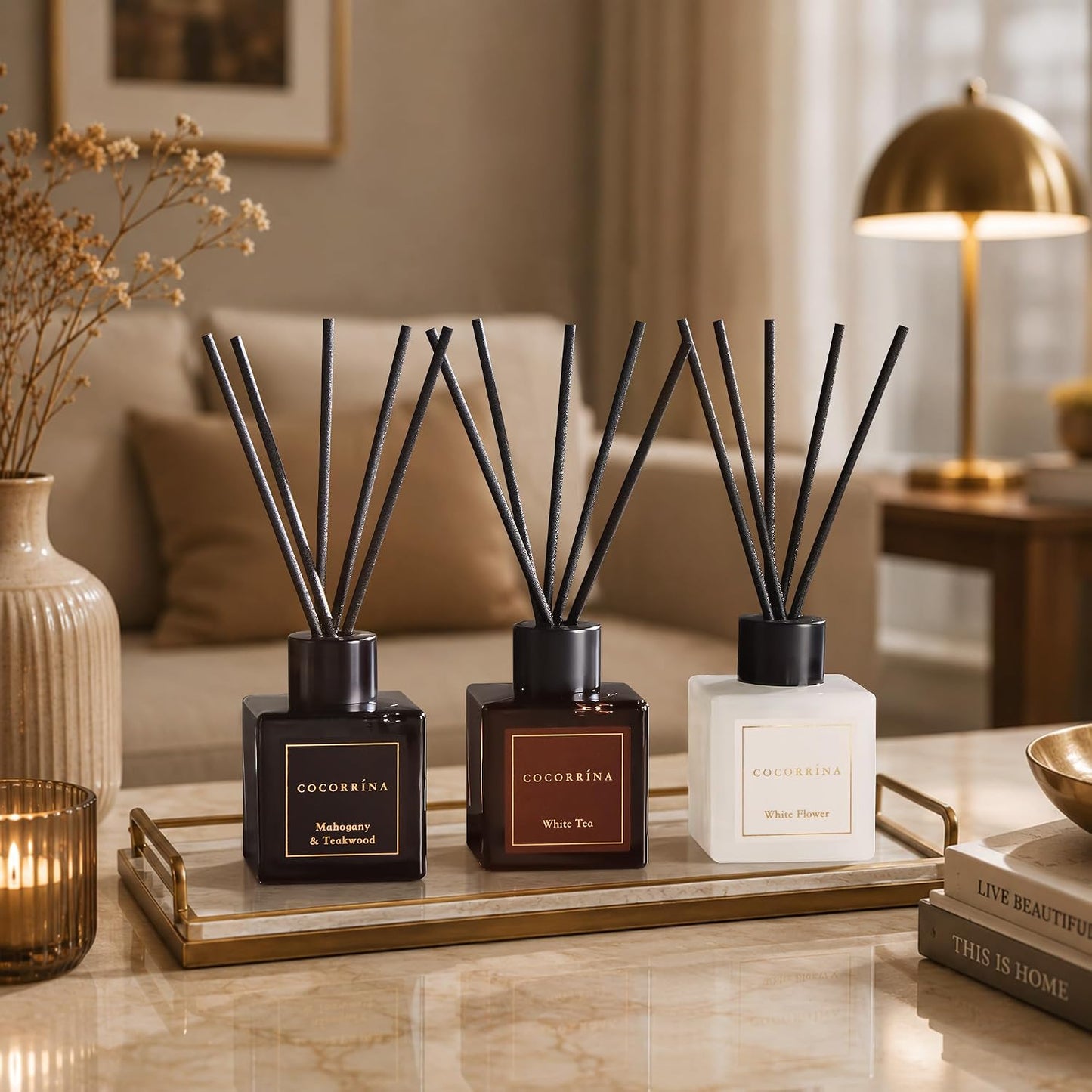 COCORRÍNA Hotel Collection Reed Diffuser Set, 3.04 fl oz Trio, Mahogany Teakwood, White Flower & White Tea, Home Fragrance for Bathroom, Bedroom, Entryway & Office