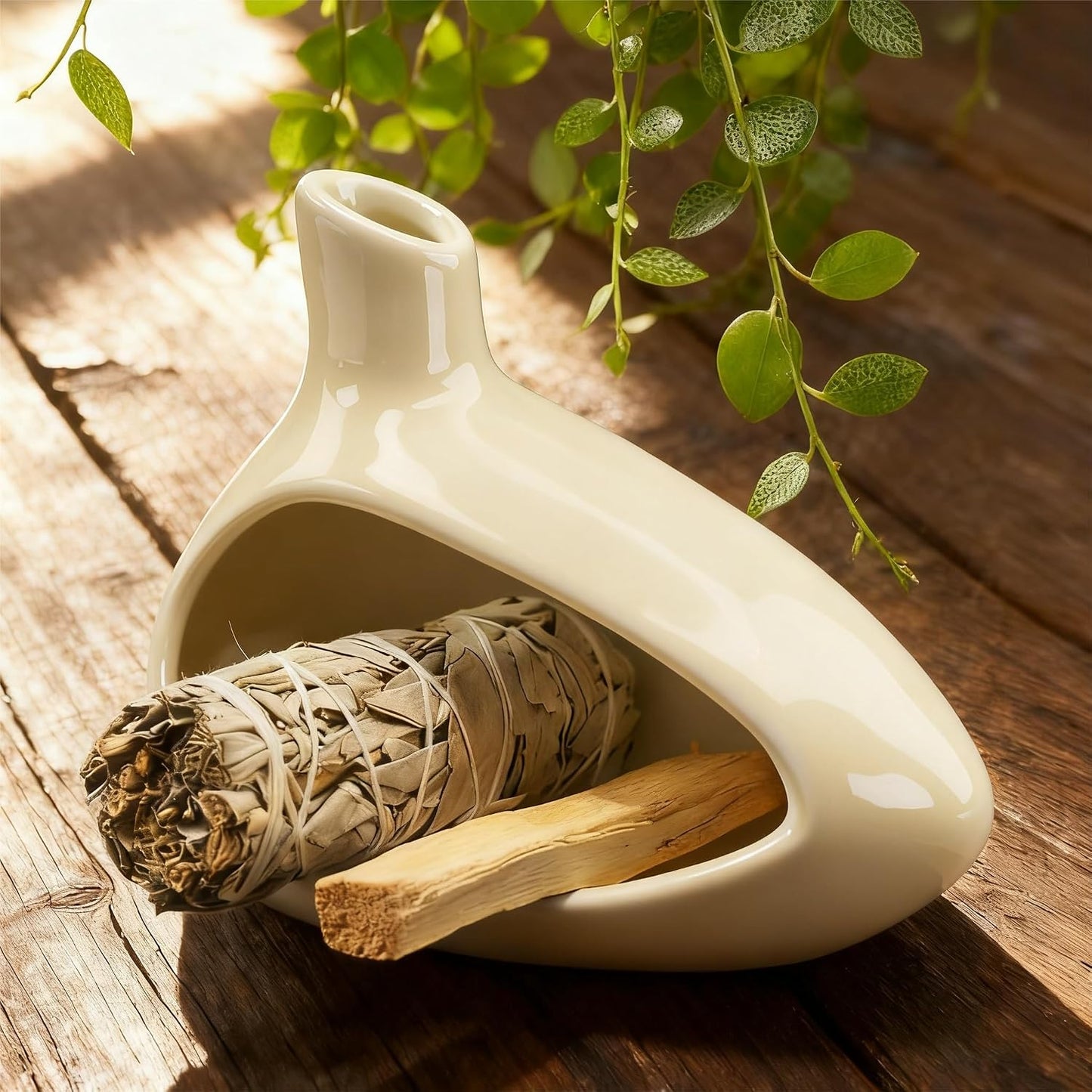 Palo Santo Holder, Ceramic Incense Burner for Sticks Sage Holders Cone Burning Smudge Bowl with Ash Brush for Meditation Yoga Spa Room Decor (White)