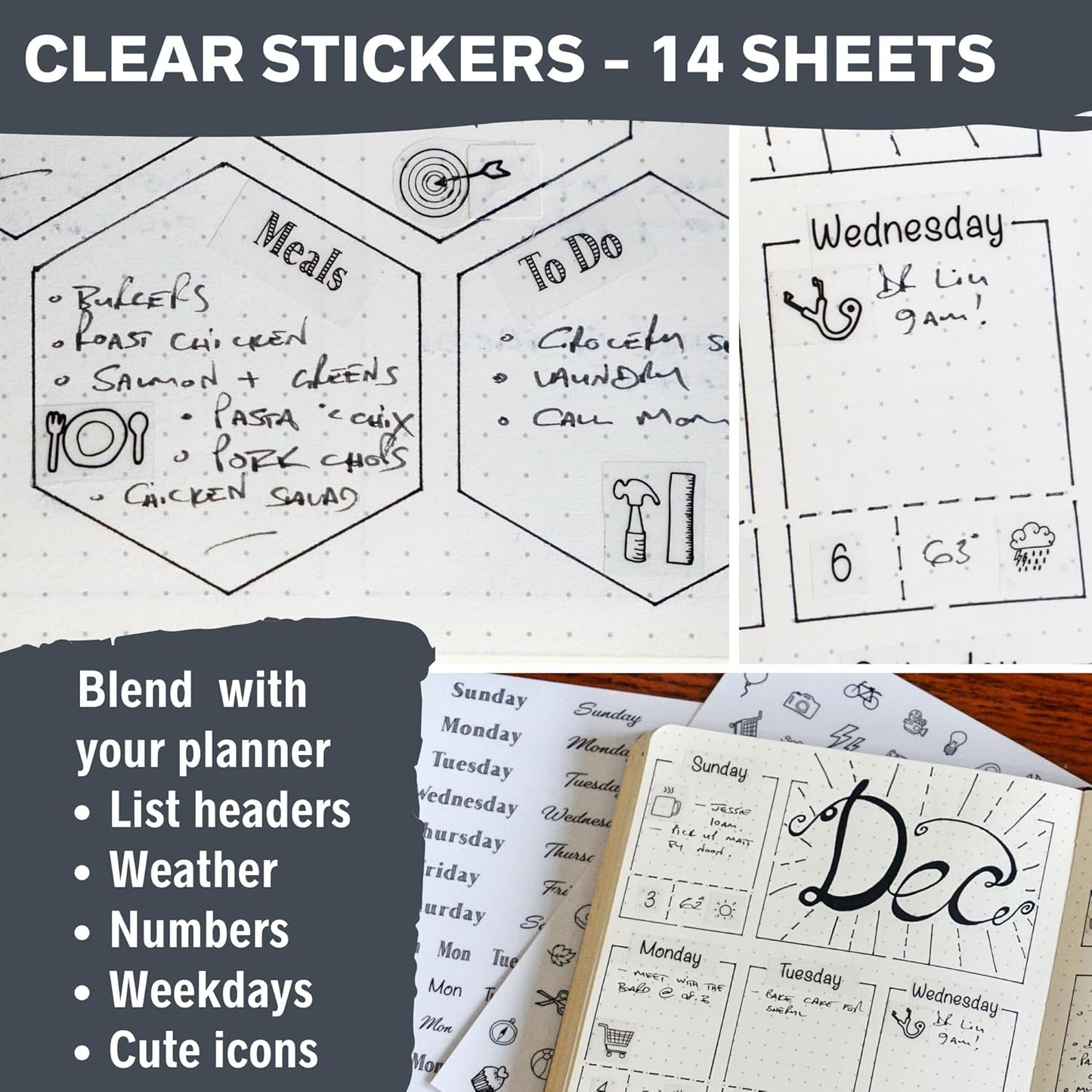 Simple Productivity Weekly Planner Stickers (Black & White) - 30 Sheets of Writable and Transparent Stickers - Mini Calendars, Habit Tracker, Days, Numbers - Supplies for Bullet Dotted Journals